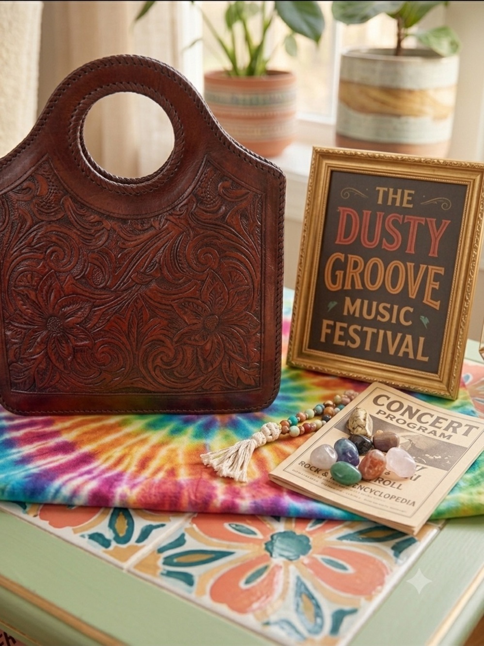 Hand-Tooled Brown Leather Hobo Bag with Circular Handle